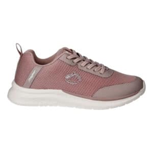Zapatilla deportiva de color malva suave con cordones elásticos y suela blanca lisa vista de lado.